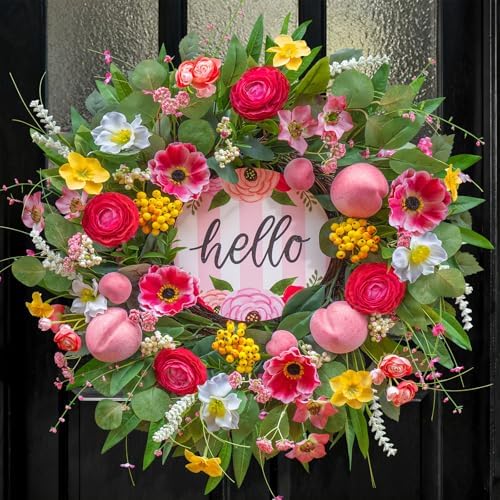 Spring Summer Wreaths for Front Door 24 Inch with Cherry Blossom,Pink Roses & Hello Sign,Summer Door Wreath for Entryway,Porch & Home Décor Indoor Outdoor by wreathqueen