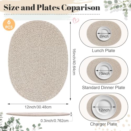 Oval Woven Placemats Set of 6, Cotton Rope 16x12 Inch, Brown - Image 2