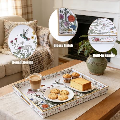 Serving Tray with Handles, Rectangular Plastic Tray 15.75x11.81 Inch, Wildflower, Butterflies & Hummingbirds Style Decorative Tray for Kitchen, Dining Table, Vanity, Office & Home - Image 5