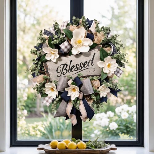Spring Summer Wreath for Front Door,Farmhouse White Floral Porch Decor - Image 2