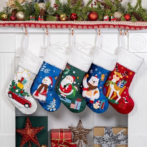 BHD BEAUTY Christmas Stocking 5 Pack Green Blue Red Velvet Embroidery Pattern Soft Faux Fur for Family Decorations Hanging Ornament for Xmas Holiday Party by bhdbeauty