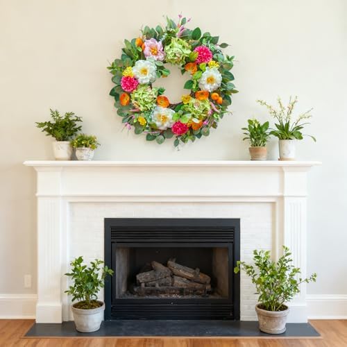 Pinkpuii 24 Inch Spring Wreaths for Front Door- Outdoor Spring Summer Flower Wreath with Vibrant Peony Hydrangea Flower, Green Eucalyptus Leaves and Orange Berry- Ideal for Porch,Mantel,Home Wall - Image 2
