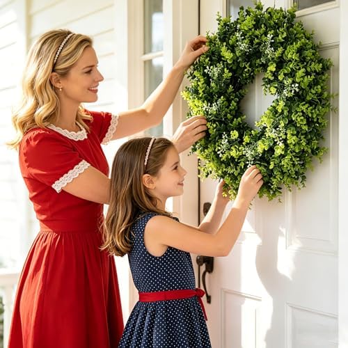 Large Boxwood Wreath for Front Door, 28" Artificial Spring and Summer Greenery Wreathwith White Flower Buds, All-Season Home Decor for Walls, Windows, Parties, Weddings, Indoor Outdoor - Image 2