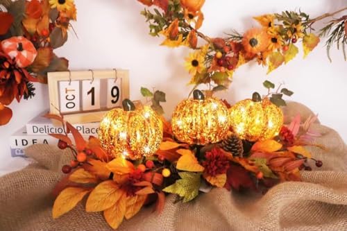 LED Lighted Pumpkin Fall Centerpiece with Maple Leaves, Berries & Pinecones - Battery Operated Thanksgiving Table Decor for Home, Mantel, or Dining - Image 6