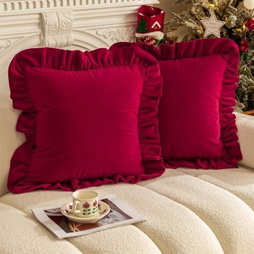 Square Throw Pillow Covers Set of 2 Ruffled Frosted Velvet Decorative Throw Pillow Covers Boho Cushion Covers for Bed Sofa Couch Living Room Christmas Decoration 18×18 inch Red + Green - Image 2