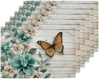 Vintage Flower Butterfly Wooden Floral Placemats Set of 6 Decorative Dinner Place Mats Washable Table Mat for Gifts, Holiday, Birthday Party, Wedding & Dining by JXDXHCW