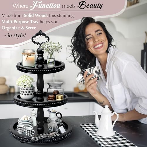 [3-in-1] Wooden Tiered Tray Stand - Beaded 3 Tiered Tray Decor Wood Cupcake Stand for Farmhouse Country Rustic Home - 3 Tier Stand [with 3 Changeable Handles] by Felt Creative Home Goods (Black) - Image 2