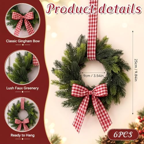 Thiccywoov 6 Pcs 9" Mini Christmas Wreaths for Cabinets with Plaid Bow - Image 4