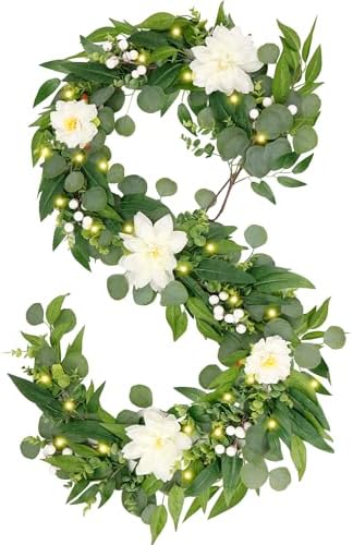 Artificial Eucalyptus Garland with Lights,Fairy Light Olive Leaves Vine Garland with White Flowers & White Berries, Bendable Mantle Garland for Indoor Outdoor Wedding, Home Decoration (6FT) by INTERHOMART