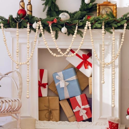 Bucherry 4 Pcs Christmas Wood Bead Garland 28.8 Feet, Natural - Image 5