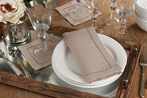 SARO LIFESTYLE Classic Hemstitch Cocktail Napkins (Set of 12) - Elegant Cloth Cocktail Napkins with Textured Fabric and Hemstitched Border for Entertaining and Table Settings, 6"x6", Taupe - Image 3