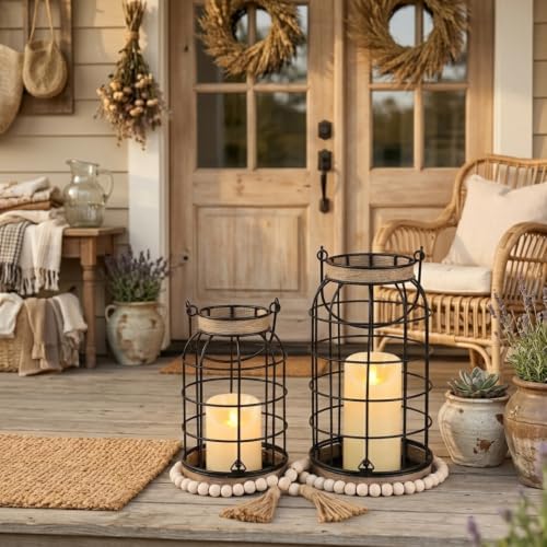Rustic Farmhouse Candle Lantern, 2Pcs Decorative Lantern Decor with Candles - Image 5