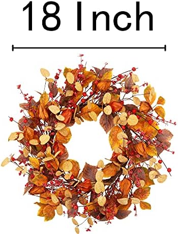 18 Inch Fall Wreath Front Door Wreath with Cape Gooseberries Artificial Autumn Wreath with Fall leaves Fall Decorations with Golden Berries Home Decorations for Autumn Harvest - Image 2