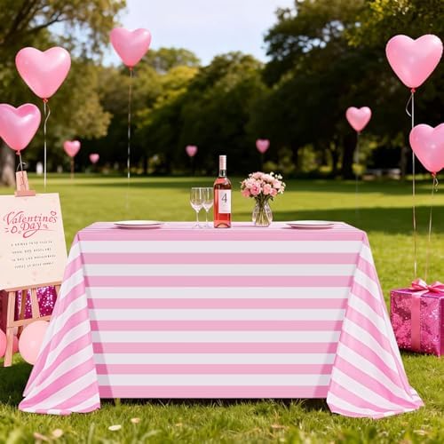 Fanqisi 2 Packs Pink and White Striped Table Cloth 57 x 120 Inches Valentines Day Tablecloth Rectangle Waterproof Tablecloths for Wedding Birthday Outdoor Picnic Party Decoration by Fanqisi