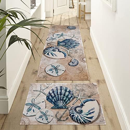 Nautical Kitchen Rugs Set 2 Piece,Ocean Theme Seashell Decorative Rugs for Kitchen, Tropical Beach Low-Profile Floor Mats Decorations for Home Kitchen (17"x48"+17"x30") - Image 5