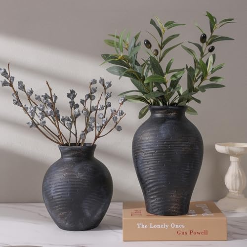 Ceramic Flower Vase Home Decor, 7.4 in Farmhouse Table Vase Retro Vintage Living Room Kitchen Bedroom Decoration Pottery Decorative Vases for Flowers House Shelf Office Desk Dining Entryway, BlackGold - Image 4