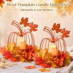 2 Pcs Fall Metal Pumpkin Candle Holder Decor with LED, 11.5 in, Orange - Image 3