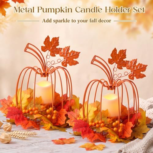 2 Pcs Fall Metal Pumpkin Candle Holder Decor with LED, 11.5 in, Orange - Image 3