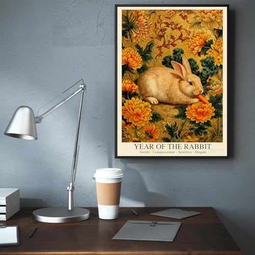 Elegant Chinese Lunar Year of the Rabbit Art Print – Golden Chrysanthemum Zodiac Wall Decor Luxe Oriental Home Decor for Bathroom Living Room Office and More 20X30 in Wrapped Framed - Image 6