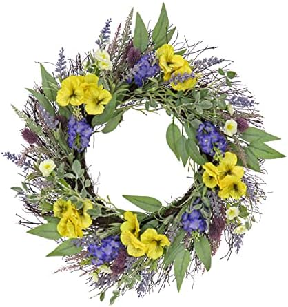 National Tree Company 22 inch Artificial Spring Wreath with Pansy Blooms, Lavender, and Assorted Blossoms, Realistic Floral Decoration for Front Door or Indoor Décor by NationalTreeCompany
