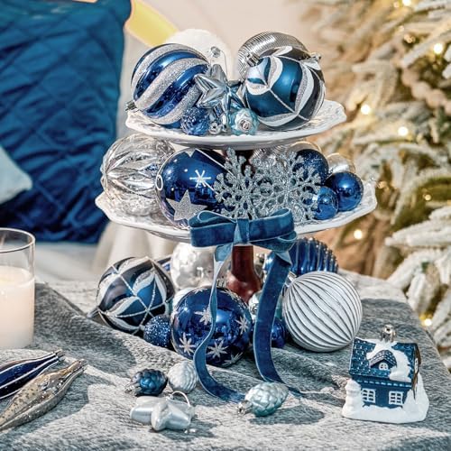 JORNOY 106Pcs Christmas Ornaments Bulk, Shatterproof Plastic Hanging Balls Bulbs Assorted Decor for Tree Decorations Home Holiday Party with Lanyard, Silver & Blue - Image 5