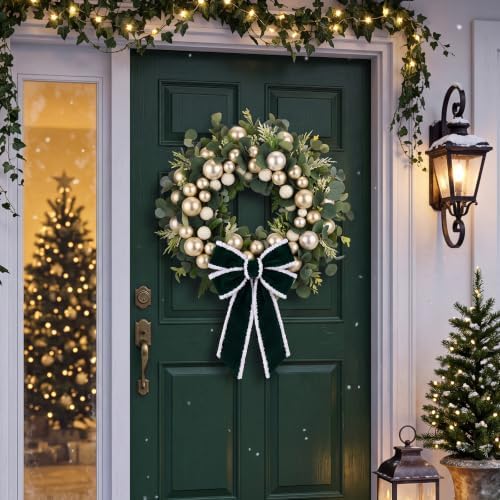 Norme 15.7" Christmas Wreath Green Bow Pearl Ball Eucalyptus for Front Door - Image 3