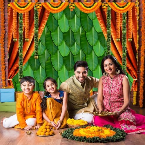 8x6ft India Pooja Backdrop Puja Ganpati Green Banana Leaf Mehndi Festival Photography Background Diwali Hindu Wedding Party Banner Decorations Photo Studio Props - Image 5