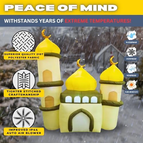 6FT Ramadan Inflatable Yellow and Green Mosque - Islamic Ramadan Decor for Outdoor Front/Back Lawns, Built-in LED Lights and Fan to Blow Up with Air, Iftar/Eid Gift - Image 2