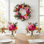 22in Faux Peony Spring Summer Wreath and Bouquets Set, Realistic Artificial Floral Door Wreath with Real Rattan Base, Includes 2 Matching Bouquets, Fake Flower for Spring Front Home, Mother's Day by IDEALHOUSE