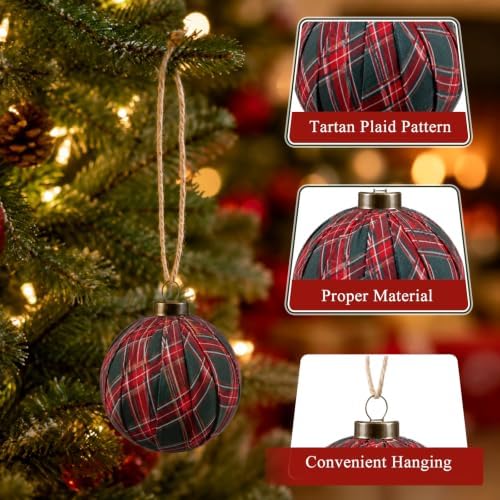 Hollowfly 24 Pcs 2.36 Inch Christmas Tartan Plaid Ball Ornaments Vintage Large Buffalo Plaid Balls Christmas Tree Hanging Ornament Rustic Ball Pendant Hanging Decor for Xmas Tree Party(Light Green) - Image 3