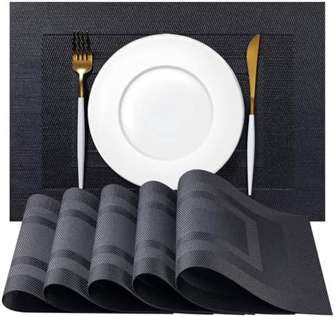 Placemats Set of 12 - Easy Clean Woven Vinyl Placemats for Dining Table, Indoor/Outdoor Place Mats, Washable PVC Table Mats（Black Cube） by Unknown