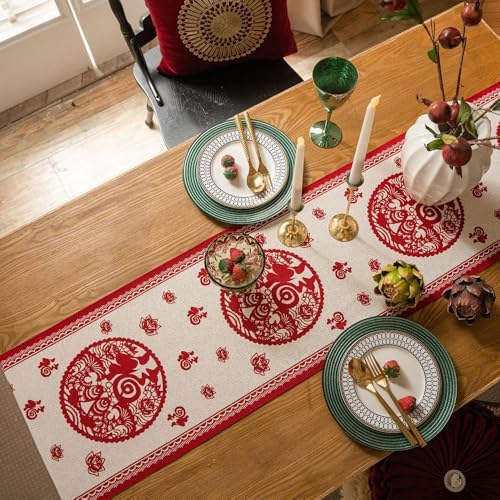 Chinese Red Jacquard Table Runner with Fu Character Festive Tassel Table Cloth Bed Scarf for Lunar New Year Wedding Party Decor (White Red, 13 "x70 ) - Image 5