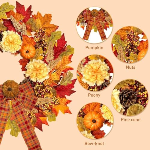ICX 24 Inch Fall Wreaths for Front Door, Autumn Wreath with Lights and Bows - Image 3