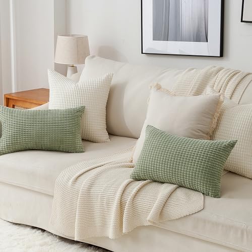 Topfinel 24x24 Inch Small Throw Pillow Covers Pack of 4 for Living Room Couch Bed Soft Corduroy Windmill Textured Boho Striped Patchwork Pillow Covers House Decor,Cream - Image 5