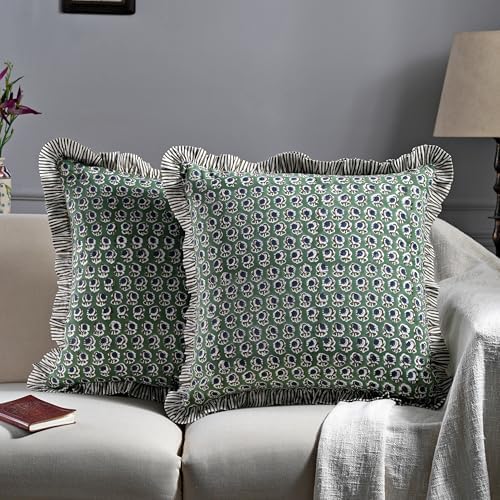 Ridhi Block Print Basil Green Throw Pillow Cover 24" x 24" (Pack of 2) Decorative Cushion Covers with Ruffle for Couch, Sofa, Bed, Living Room, Home Decor Gift for Spring, Easter, Valentine - Image 2