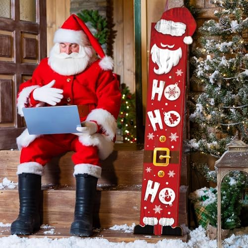 SmoothNovelty Christmas Wooden Porch Sign 47'' Merry Christmas Welcome Porch Signs for Front Door Home Xmas Tree Snowman Wooden Vertical Standing Decor for Garden Yard Party Decor(Santa Claus) - Image 2