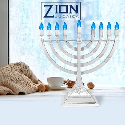 Zion Judaica 12" LED Chanukah Menorah with Flame Shaped LED Bulbs Electric Menorah USB Powered or Batteries Electronic Minorah - 4' Cable Included Hanukkah Battery Menorahs Silver - Image 2
