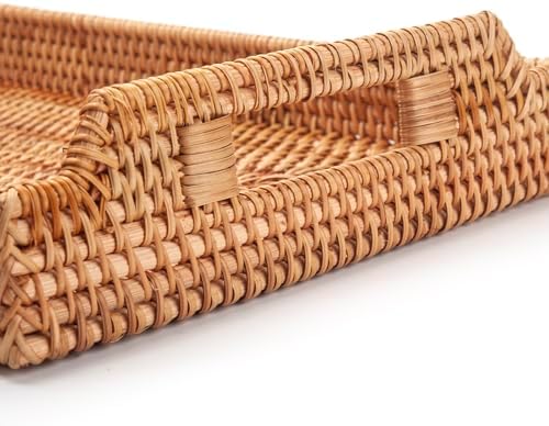 Rattan Serving Tray with Handles, Rectangular Wicker Basket Tray, Hand Woven Flat Basket for Coffee Table Dinning Room Bathroom (17 x 11.4 x 1.8 inch) (Pack of 2) - Image 2