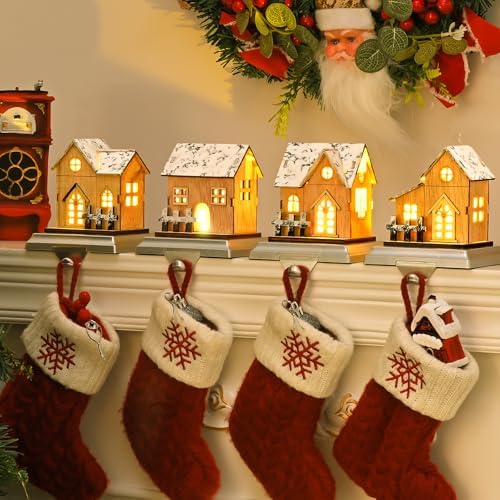 4 Pack Christmas Stocking Holders for Mantle, Wood Room Hangers With Lights, House Xmas Hanging Hooks for Fireplace Tables, Weighted Hook Christmas Decorations - Image 2