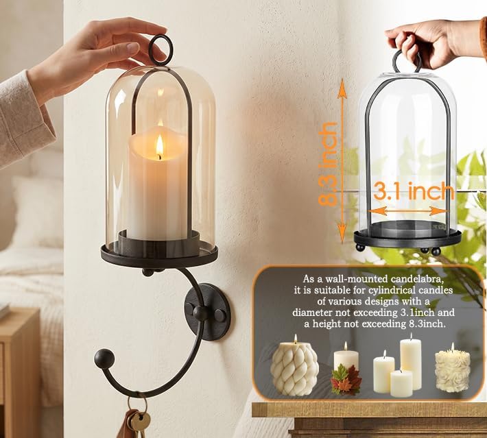 Metal Wall Hurricane Glass Candle Sconce Holder for Pillar Candle & Plant, Modern Farmhouse Decor Candle Lantern with Hand Towel Rack (Black) - Image 4