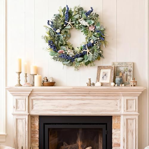 20 Inch Nautical Artificial Wreath with Starfish & Seashells Blue Berry Eucalyptus Wreath for Front Door Coastal Summer Home Decor for Wall/Fireplace - Image 7