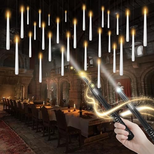 kakoya Flameless Floating Candles with Wand，30 Pcs Magic LED Hanging Taper Candles，Flickering Battery Operated Taper Candle with Wand Remote for Halloween Decorations Best Gift（White） by FLAMELESSCANDLES