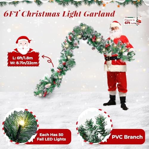 BlessedSeason 6FT Christmas Garland with Lights, Artificial Lighted Garland Indoor for Stairs, Fireplace, 30 Lights Green Garland, Cones & Red Berries & Pine Needle - Image 3