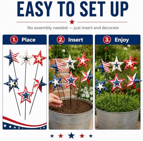 4th of July Decorations Outdoor 19" Metal Barn Star 6-Pack, Patriotic Outdoor Decorations, Rustic Iron Decorative Garden Stakes with American Flag Stars for Yard Patio Lawn - Image 5