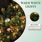 Hykolity 32 Inch Pre-Lit Botanical Christmas Wreath with 60 Warm White LEDs and Timer, Battery Operated Artificial PE & PVC Wreath with Ornaments, Pinecones and Layered Gold Leaves for Front Door - Image 5