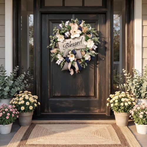 Spring Summer Wreath for Front Door,Farmhouse White Floral Porch Decor - Image 6
