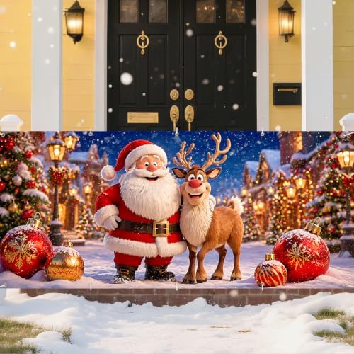 Cute Santa Claus Reindeer Christmas Garage Door Banner 7x16 FT, Large 2-Car Winter Wonderland Outdoor Wall Mural Backdrop, Funny Holiday Hanging Cover Sign Decoration for House Exterior Party - Image 6