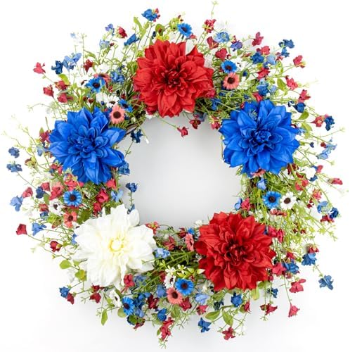 VioletEverGarden 22 Inch 4th of July Wreaths for Front Door Artificial Patriotic Wreath Red White and Blue Wreath with Dahlia for Independence Day Memorial Day Flag Day Decor by ELEGANCEWOVENLIFEEMBELLISHE