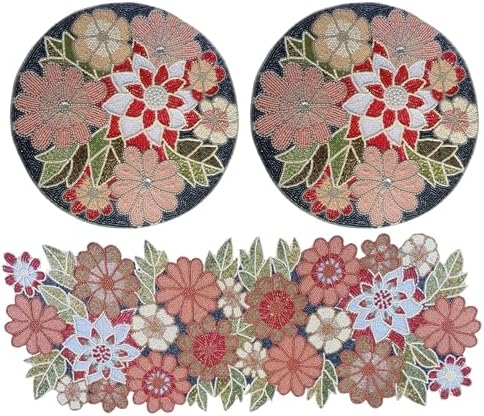 Beaded Table Runner Decore 36 inches Long Christmas Flower Design Beaded Table Runners for Halloween, Christmas, Easter Coffee Tropical ,Combo Pack of Runner and 2 Pack Placemats Maroon Multi by byHomeDecorativeProduct