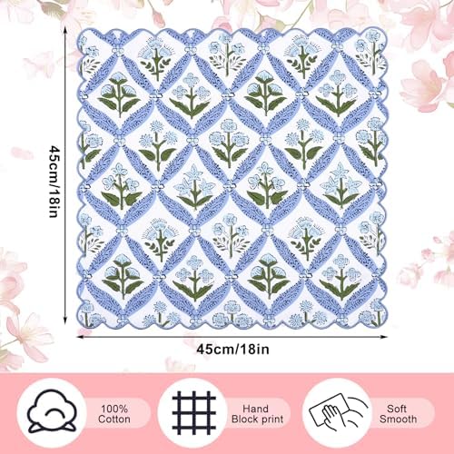 Hahafelt 12 Pcs Floral Cloth Napkins Block Print Colorful Cotton Napkins 18x18 Inches with Scalloped Edges Cotton Reusable Washable Napkin Bulk for Dinner Table Cocktail Party Weddings Home Decor - Image 2